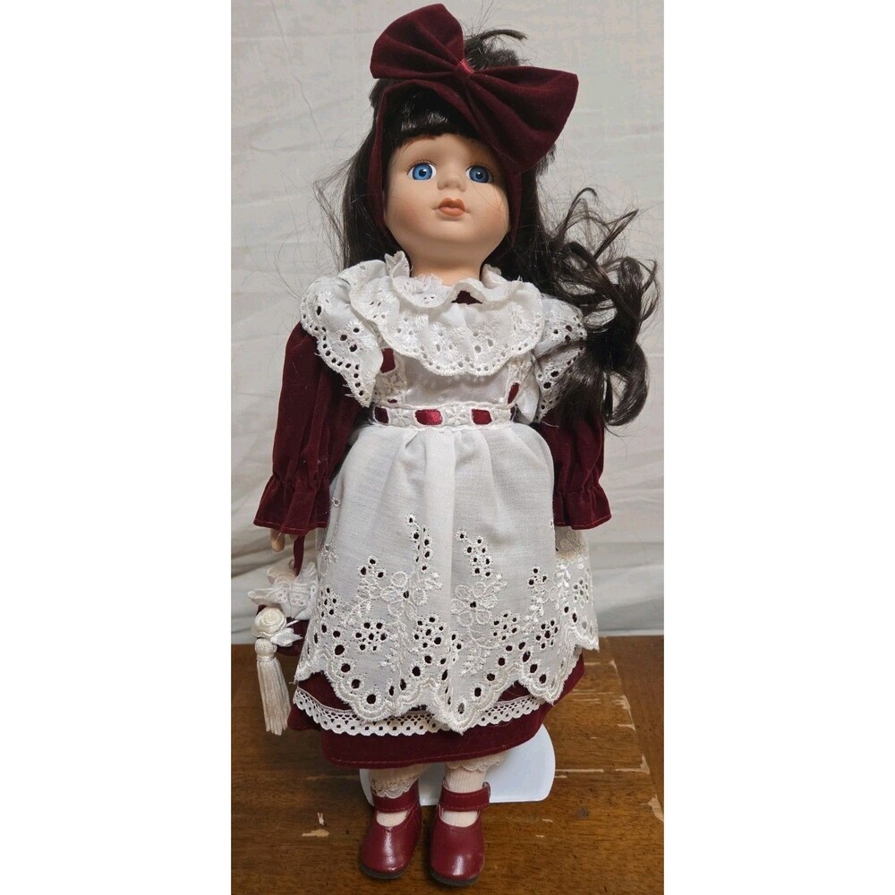Porcelain Soft Body Doll 14 Inch Includes Hair Ribbon Stand Hand Bag 1990s Vntg